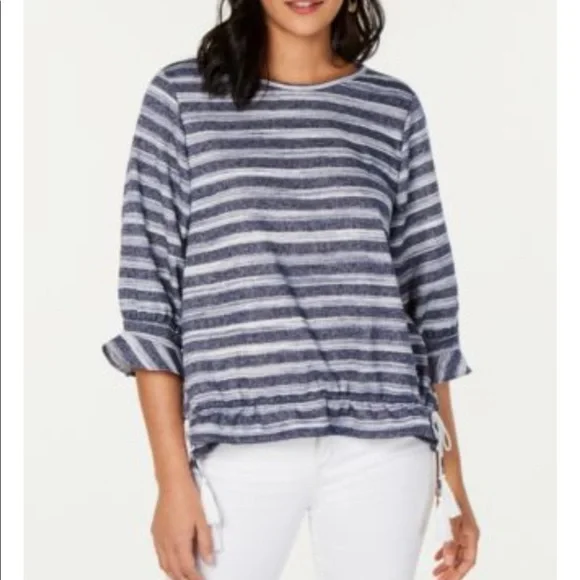 Style & Co Blue & White Stripe Drawstring Hem Sweatshirt Top Size Medium - Picture 1 of 5